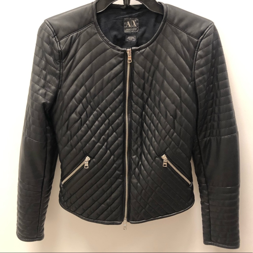 Armani Exchange Black Quilted Leather Jacket with Silver Zippers